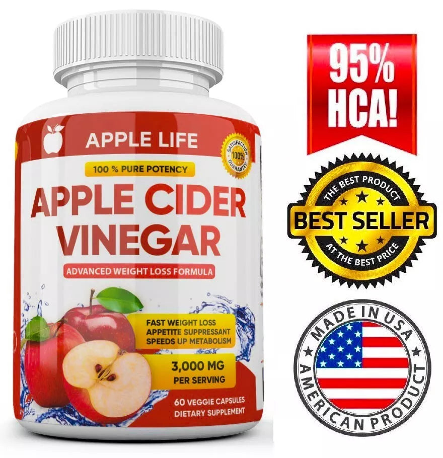 3 X Pure APPLE CIDER VINEGAR ACV 3000mg PURE WEIGHT LOSS FAT BURNER Diet Pills(180 Capsules)