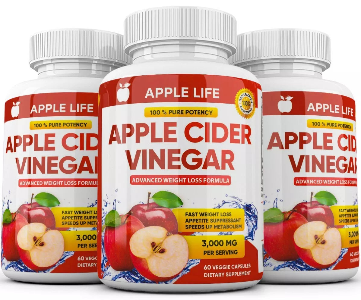 3 X Pure APPLE CIDER VINEGAR ACV 3000mg PURE WEIGHT LOSS FAT BURNER Diet Pills(180 Capsules)